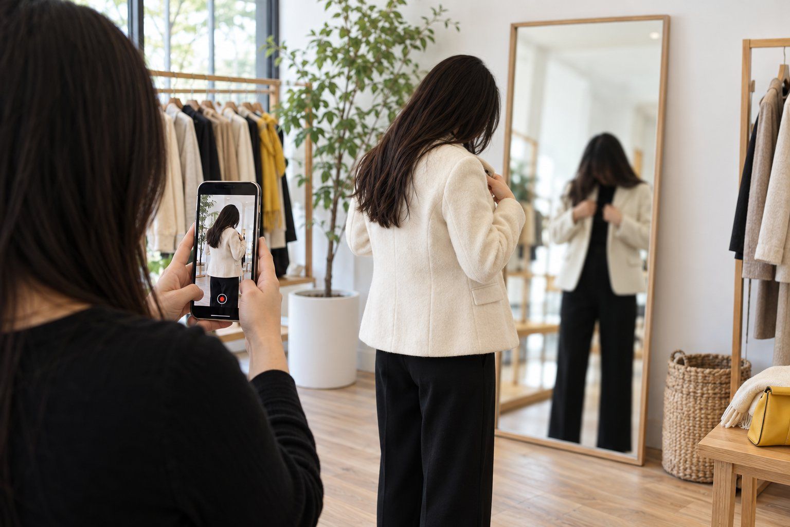 In una boutique luminosa la commessa riprende con il telefono una cliente che prova una giacca davanti allo specchio