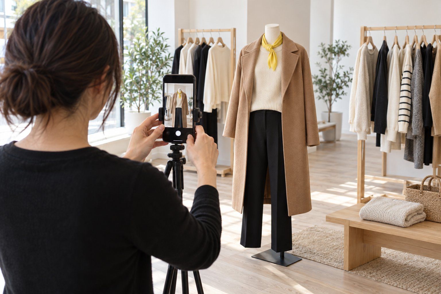 In una boutique luminosa la titolare fotografa con il telefono su un treppiede un manichino vestito, per le foto dei prodotti