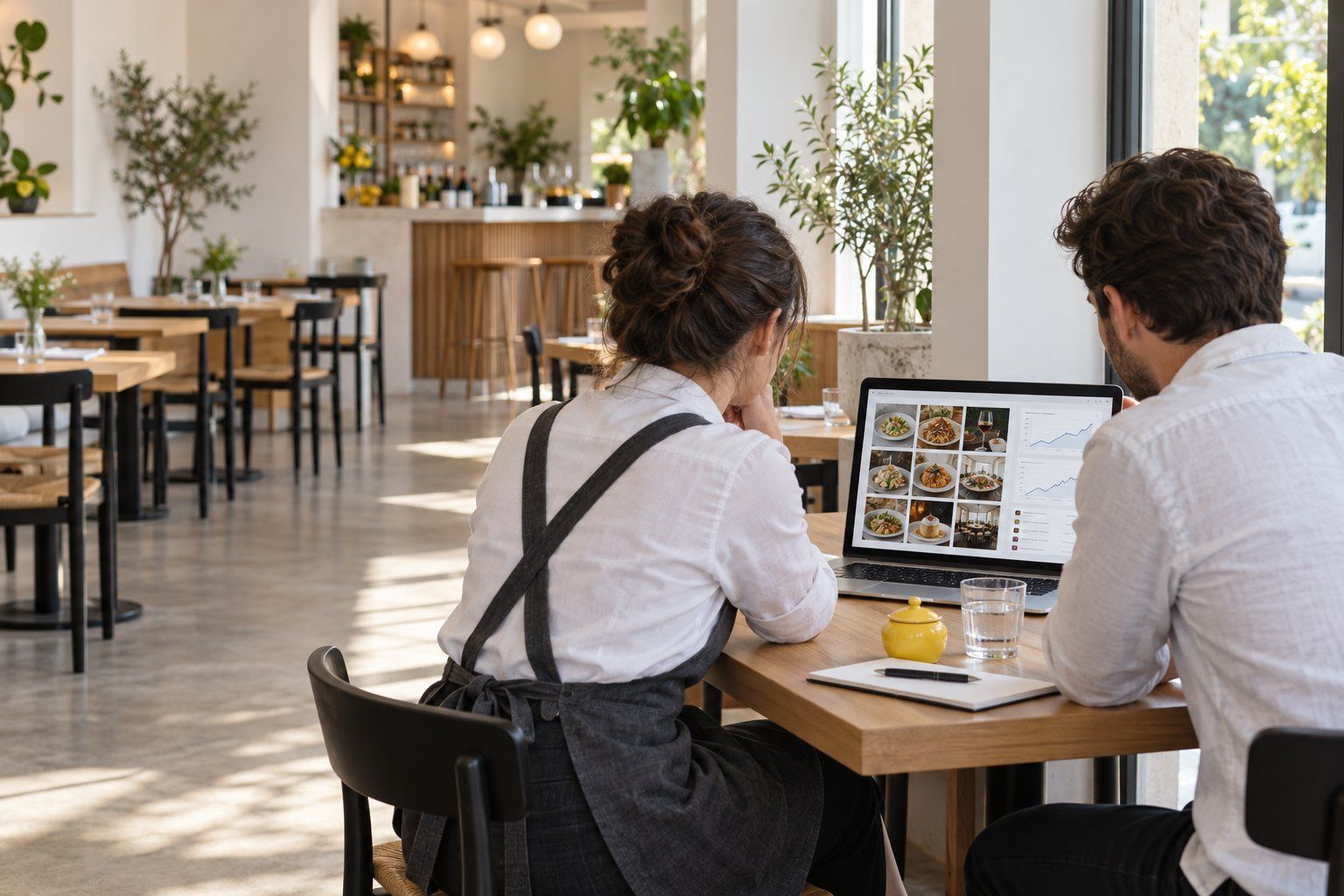 Un professionista mostra su un portatile alcuni esempi di profili social alla titolare di un ristorante, seduti a un tavolo del locale