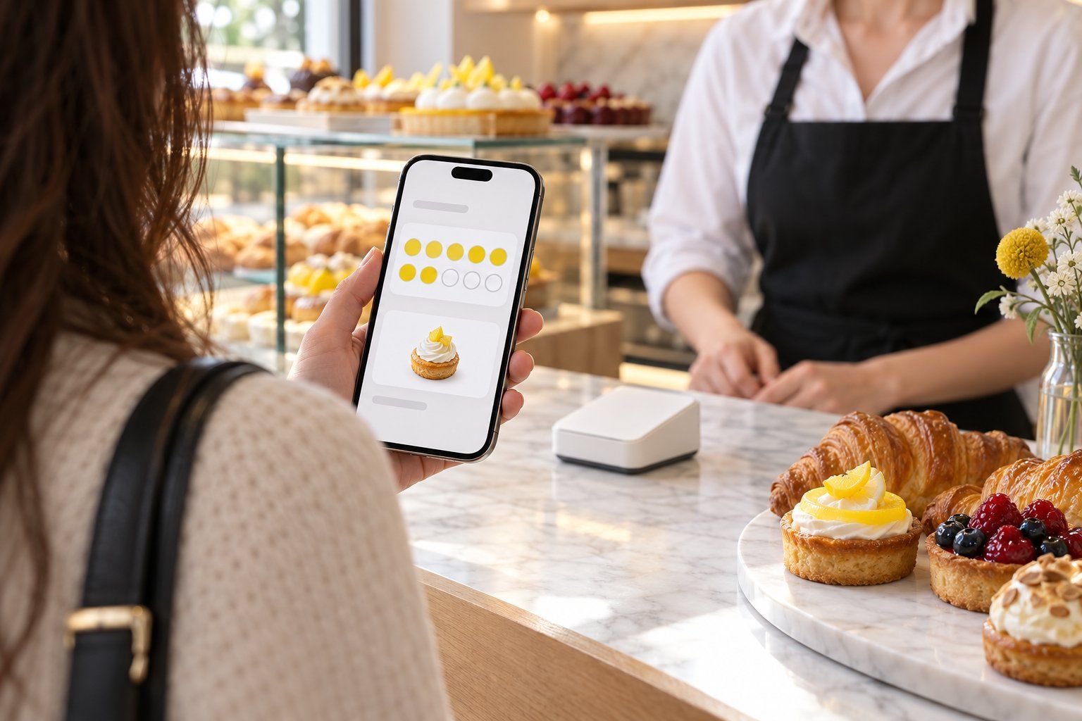 Alla cassa di una pasticceria luminosa, un cliente mostra la tessera fedeltà sul telefono.