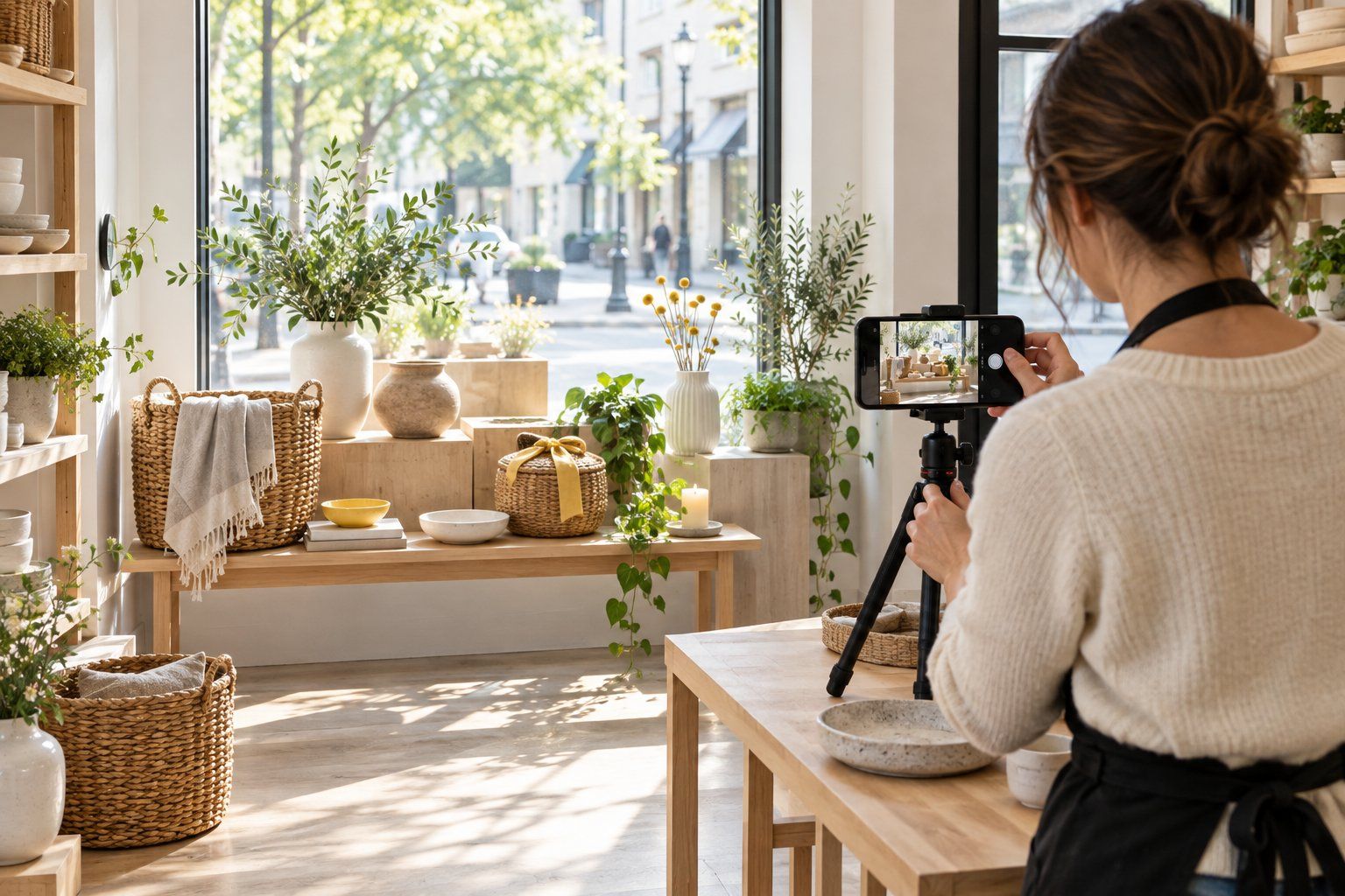 La titolare di un negozio di articoli per la casa fotografa con il telefono la vetrina appena allestita
